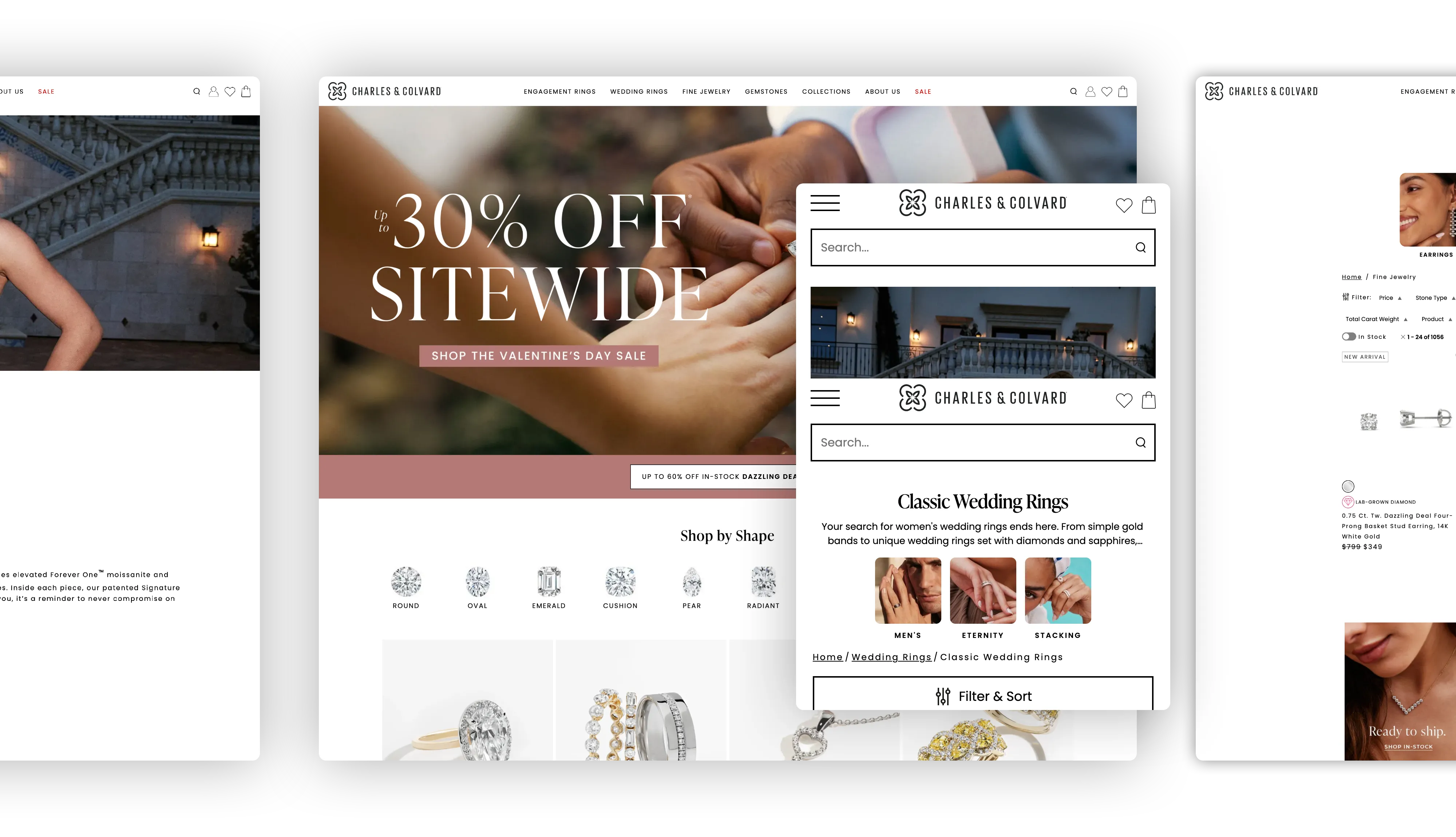 Charles & Colvard e-commerce platform screens showing storefront, store locator, and service portal