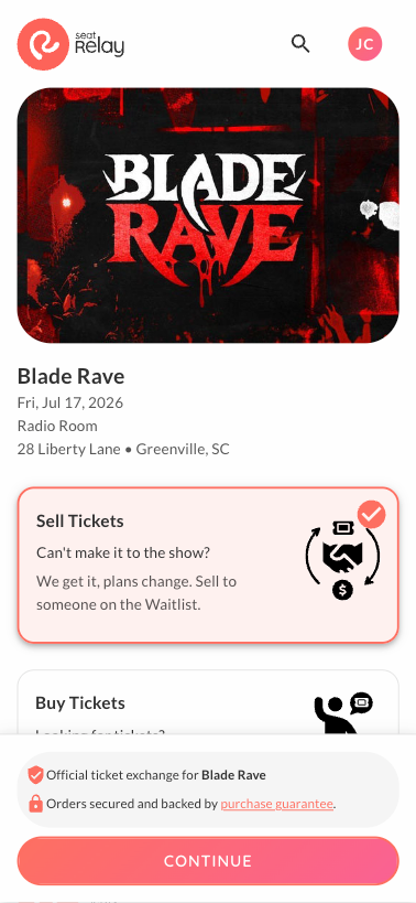 Seat Relay mobile event details screen