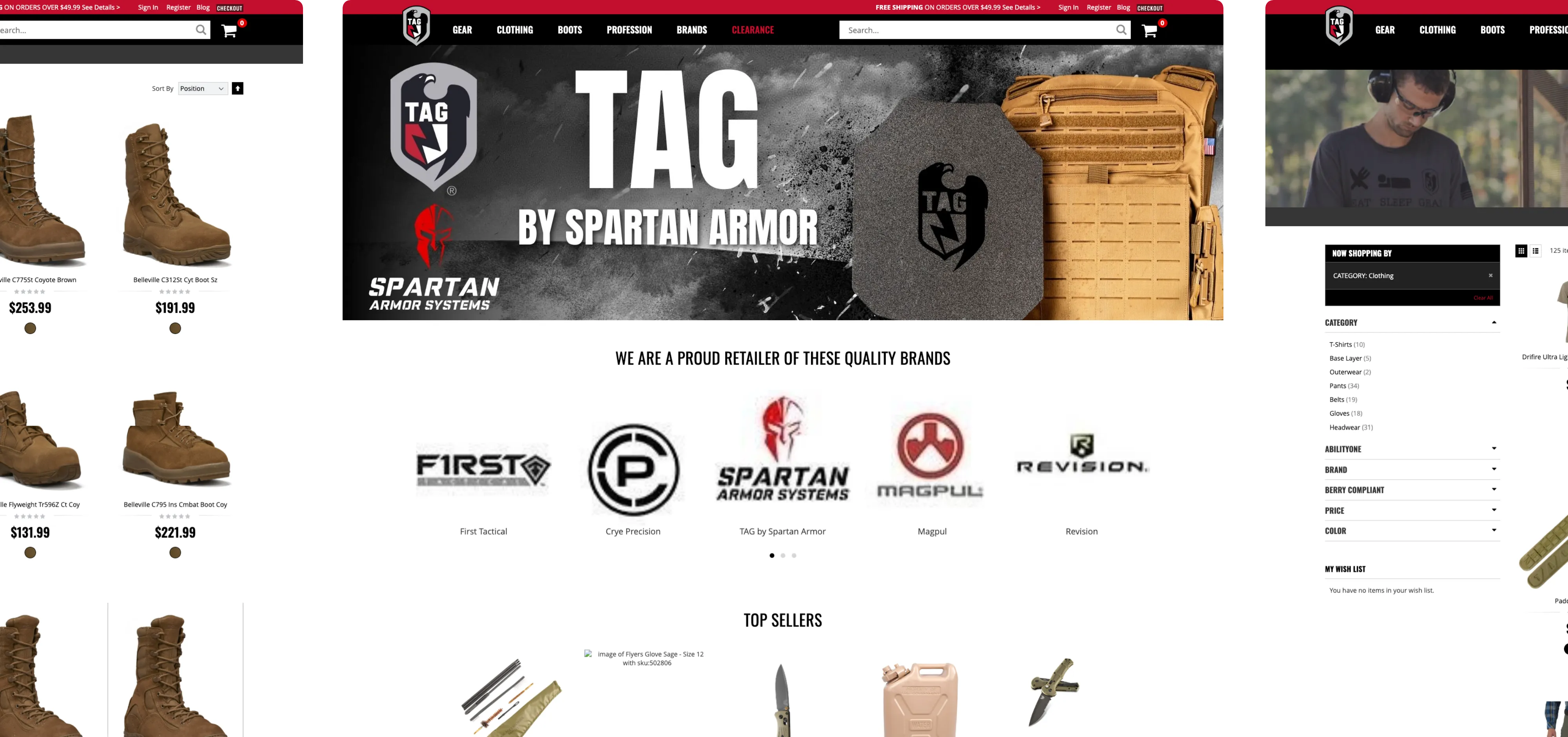 Tactical Assault Gear storefront screens showing product catalog and checkout
